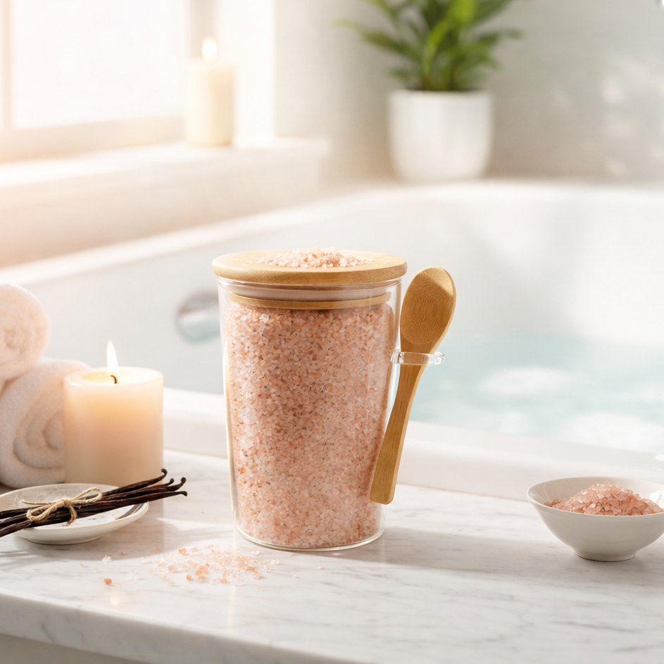 Vanilla Aromatherapy Pink Himalayan Bath Salt (Bath Soak), Gift Ready with Reusable Bamboo lid Glass jar